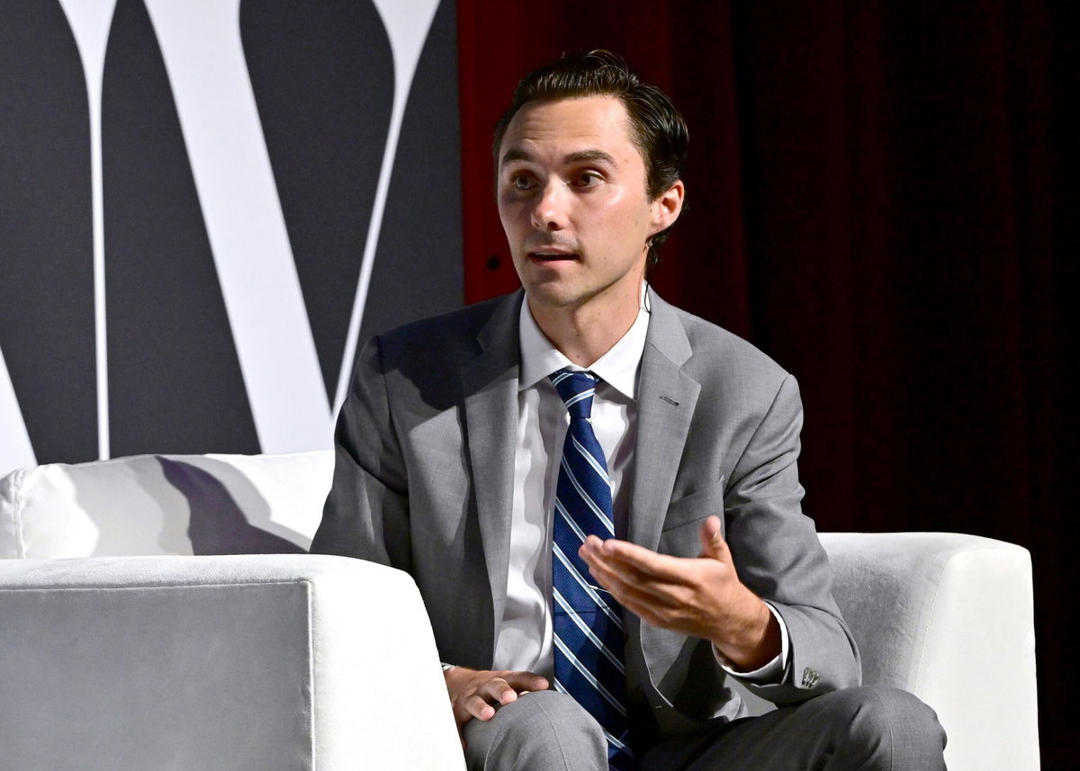 <i>Eugene Gologursky/Getty Images via CNN Newsource</i><br/>David Hogg speaks onstage during the Fast Company Innovation Festival 2024 at BMCC Tribeca PAC in September 2024 in New York City.