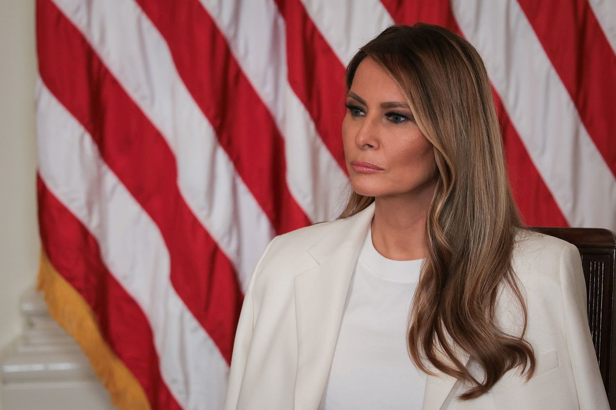 <i>Kayla Bartkowski/Getty Images via CNN Newsource</i><br/>US first lady Melania Trump looks on during the unveiling of a Postal Service stamp honoring former first lady Barbara Bush in the East Room at the White House.