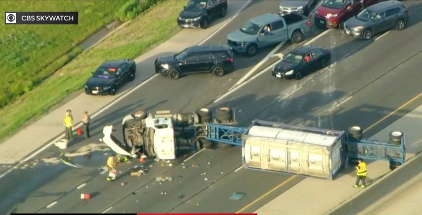 <i>WBBM via CNN Newsource</i><br/>A semi truck rolled over on I-55