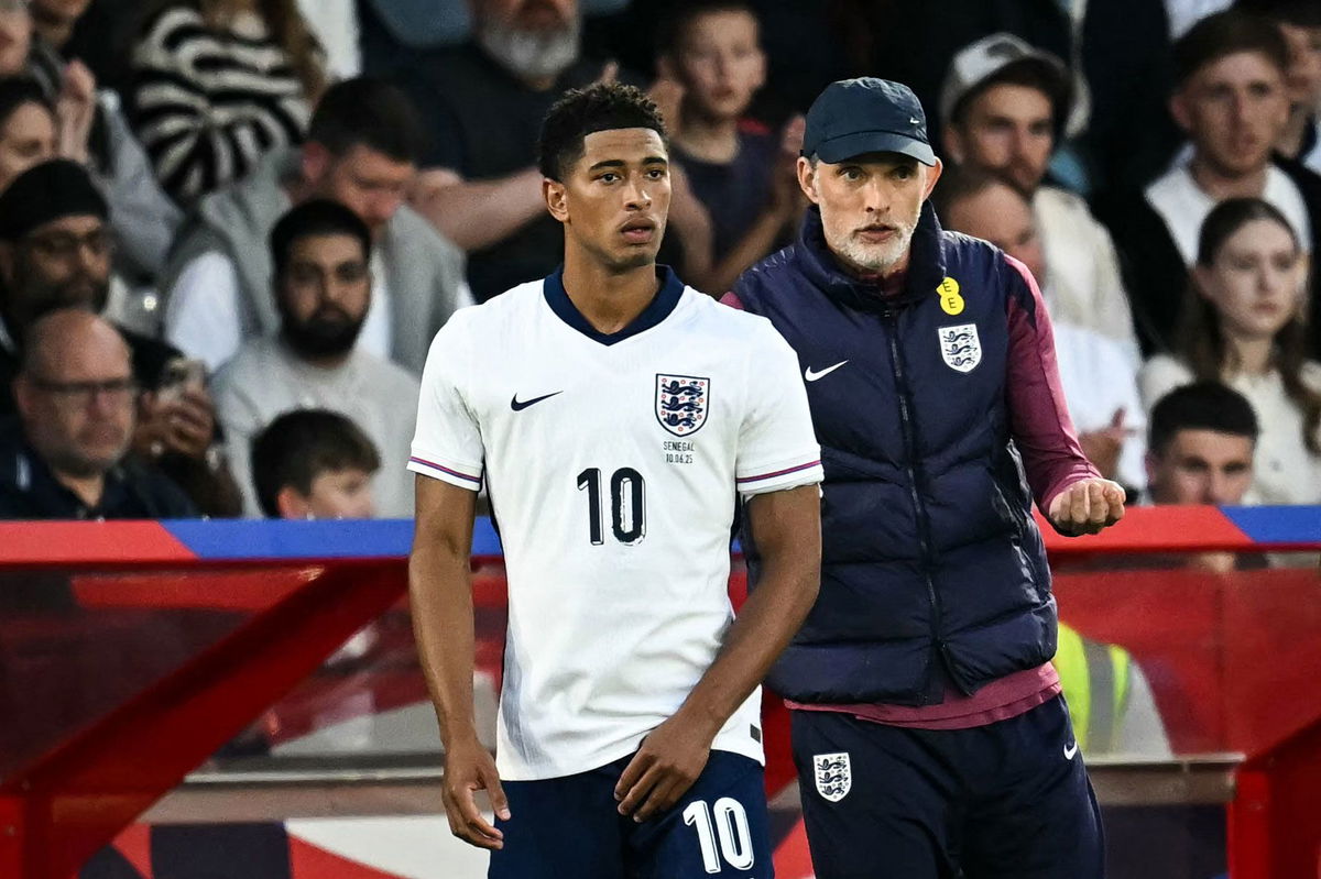 <i>Paul Ellis/AFP/Getty Images via CNN Newsource</i><br/>Bellingham prepares to come on as a substitute against Senegal.