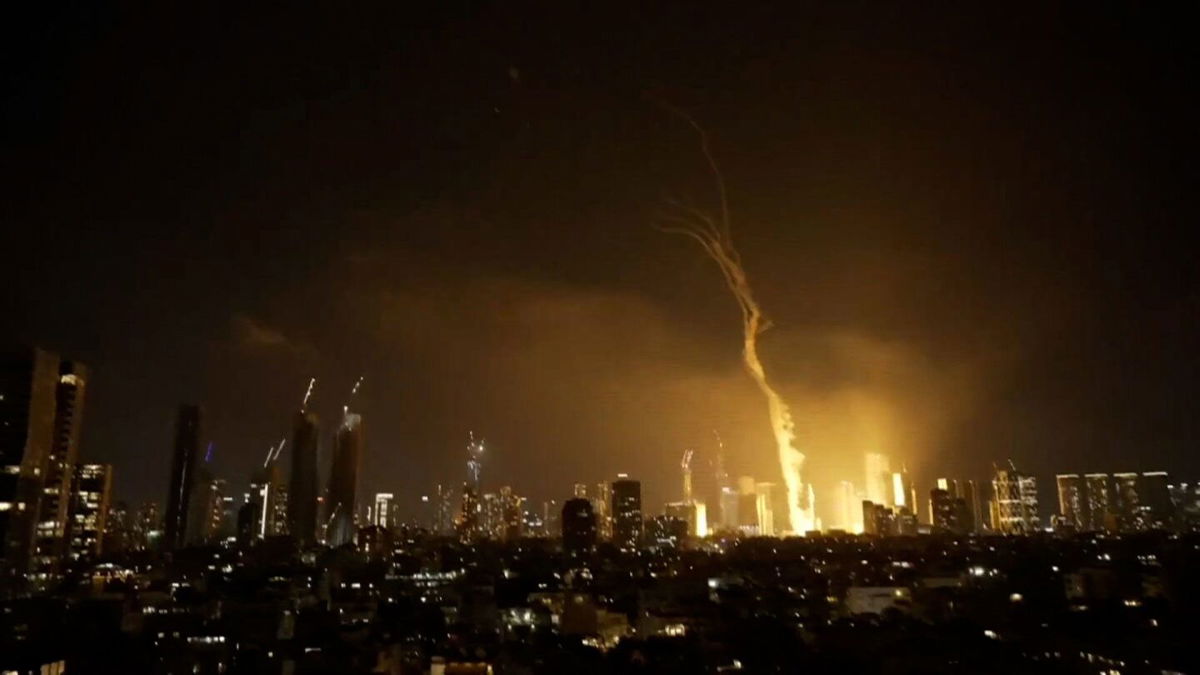 This still from a video shows strikes in Tel Aviv, Israel, on June 13. The Israeli military has warned that “all of Israel is under fire.”