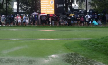 A view of the 18th green as a storm rolls in causing play to be suspended during the final round of the 125th U.S. Open.