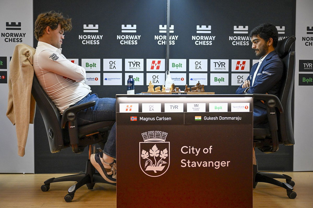 <i>Carina Johansen/NTB/AP via CNN Newsource</i><br/>Magnus Carlsen (left) suffered a surprise loss to Gukesh Dommaraju (right) at the Norway Chess tournament.
