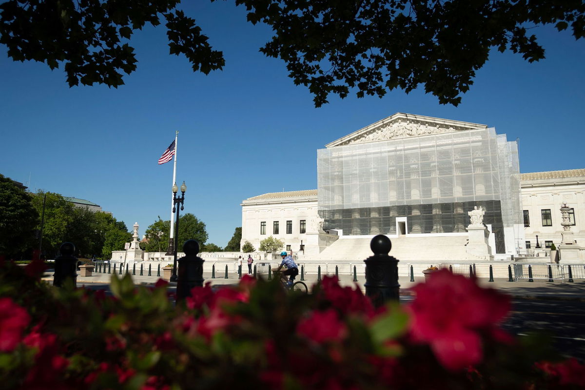 <i>Allison Bailey/NurPhoto/Associated Press via CNN Newsource</i><br/>Construction scaffolding covers the facade of the Supreme Court in Washington