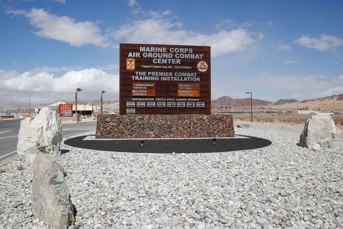 <i>Mike Blake/Reuters/File via CNN Newsource</i><br/>The entrance to US Marine Corps Air Ground Combat Center in Twentynine-Palms