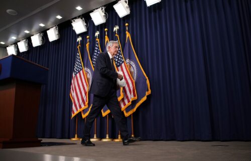 Federal Reserve Chair Jerome Powell departs after speaking at a news conference at the William McChesney Martin Jr. Federal Reserve Board Building on May 7 in Washington