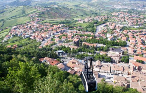The tiny state of San Marino sits on a hill above Italy's Emilio-Romagna region.