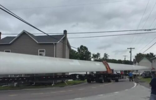 An oversized trailer hauling a blade to a wind turbine got stuck in Bradenville