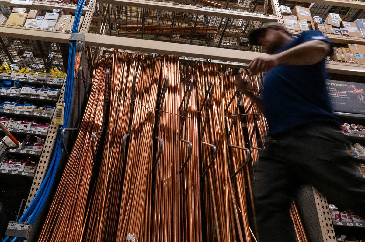 <i>Spencer Platt/Getty Images via CNN Newsource</i><br/>Copper pipes are displayed in a home rebuilding store on July 9 in New York City. After President Donald Trump said he would impose a 50% tariff on imports of the metal