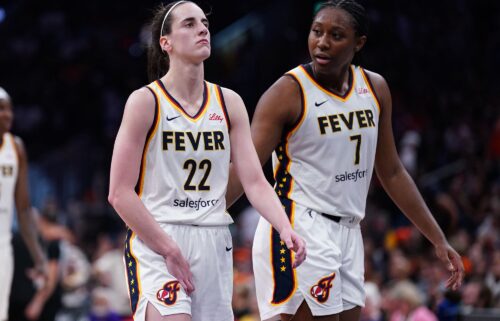 Indiana Fever guard Caitlin Clark suffers an injury after a play against the Connecticut Sun in the second half at TD Garden.