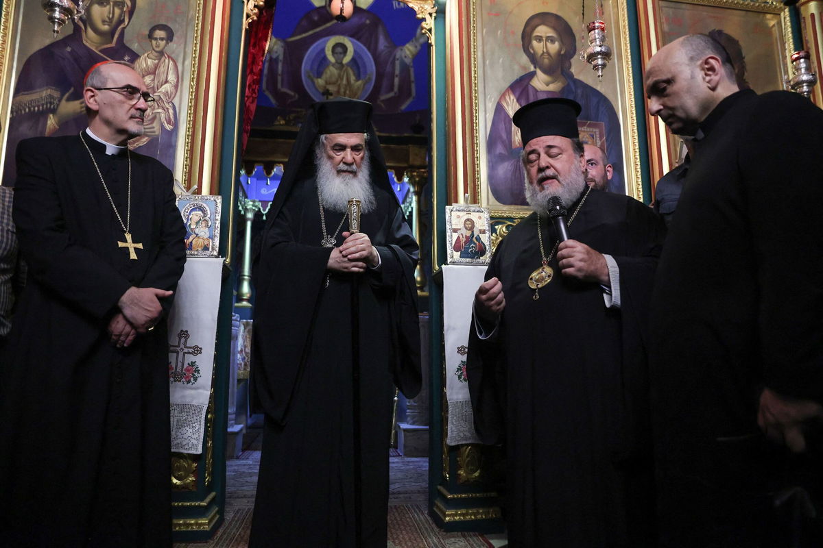 <i>Omar Al-Qatta/AFP via Getty Images via CNN Newsource</i><br/>Leaders from the Catholic and Greek Orthodox Church visited Gaza’s only Catholic church on July 18.