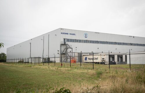 The Khehne and Nagel warehouse storing millions of contraceptives is seen in Geel