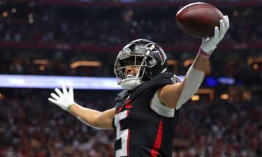 Drake London celebrates a touchdown against the Kansas City Chiefs last season.