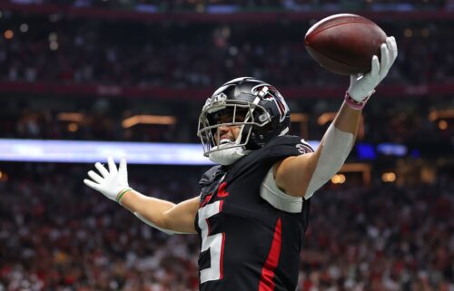 Drake London celebrates a touchdown against the Kansas City Chiefs last season.