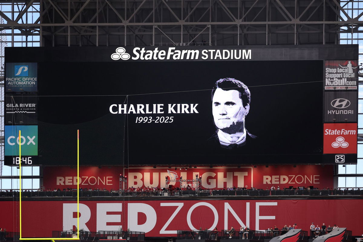 <i>Chris Coduto/Getty Images via CNN Newsource</i><br/>The video board shows a tribute to Charlie Kirk at State Farm Stadium on September 14 in Glendale