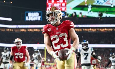 Niners running back Christian McCaffrey scores a touchdown in the third quarter against the Carolina Panthers at Levi's Stadium on Monday.